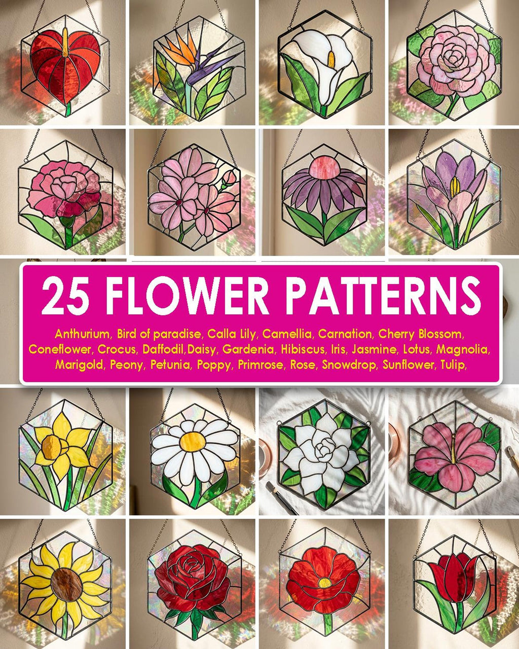 Preview collage of 25 flower stained glass pattern designs