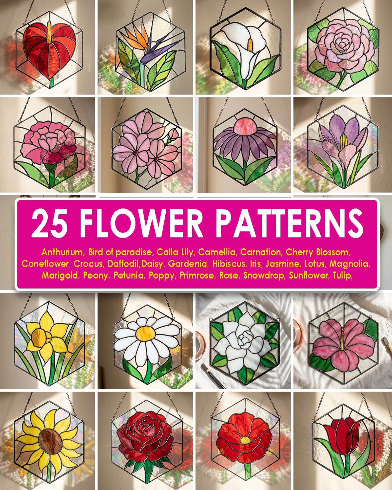 Preview collage of 25 flower stained glass pattern designs