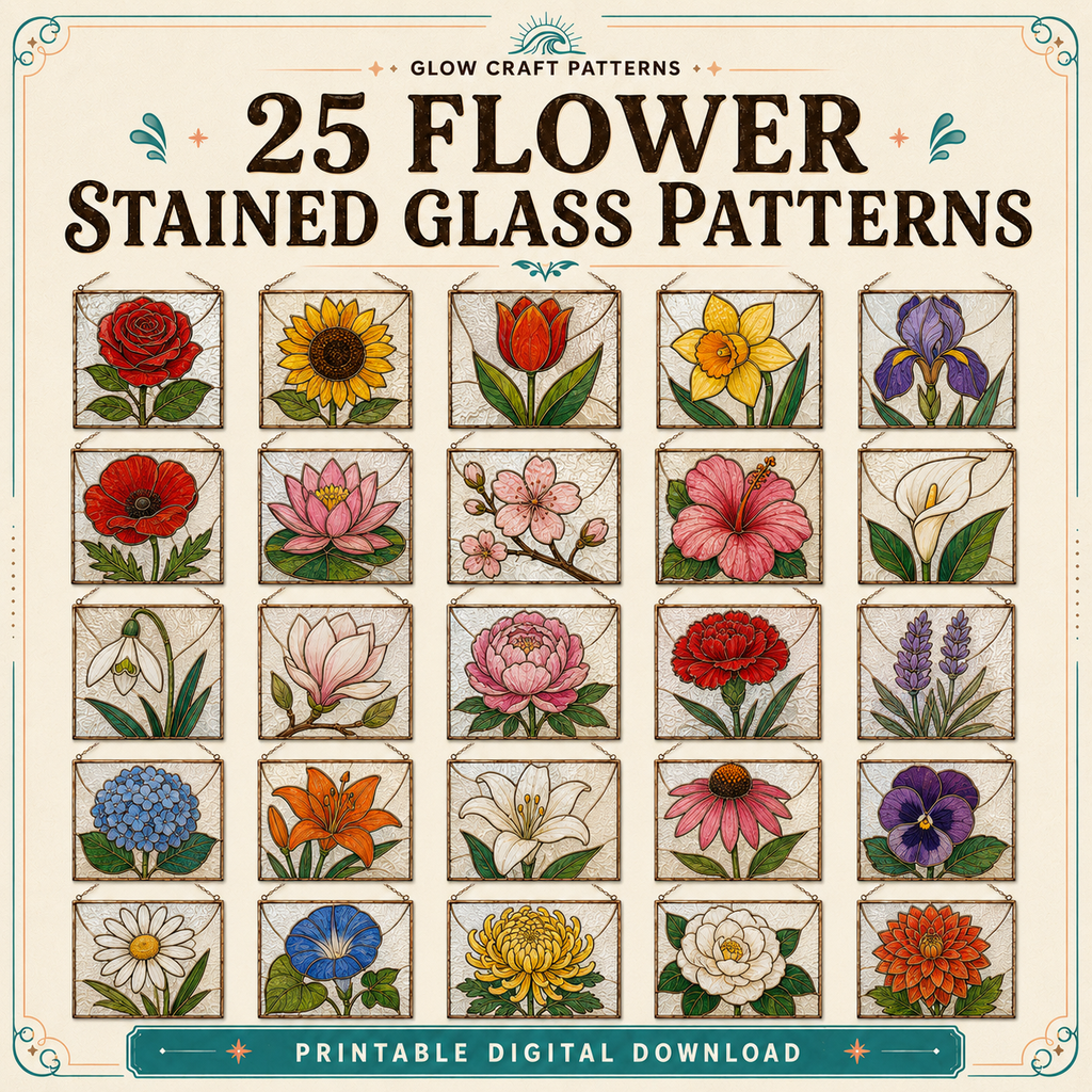 25 flower stained glass patterns printable digital bundle by Glow Craft Patterns