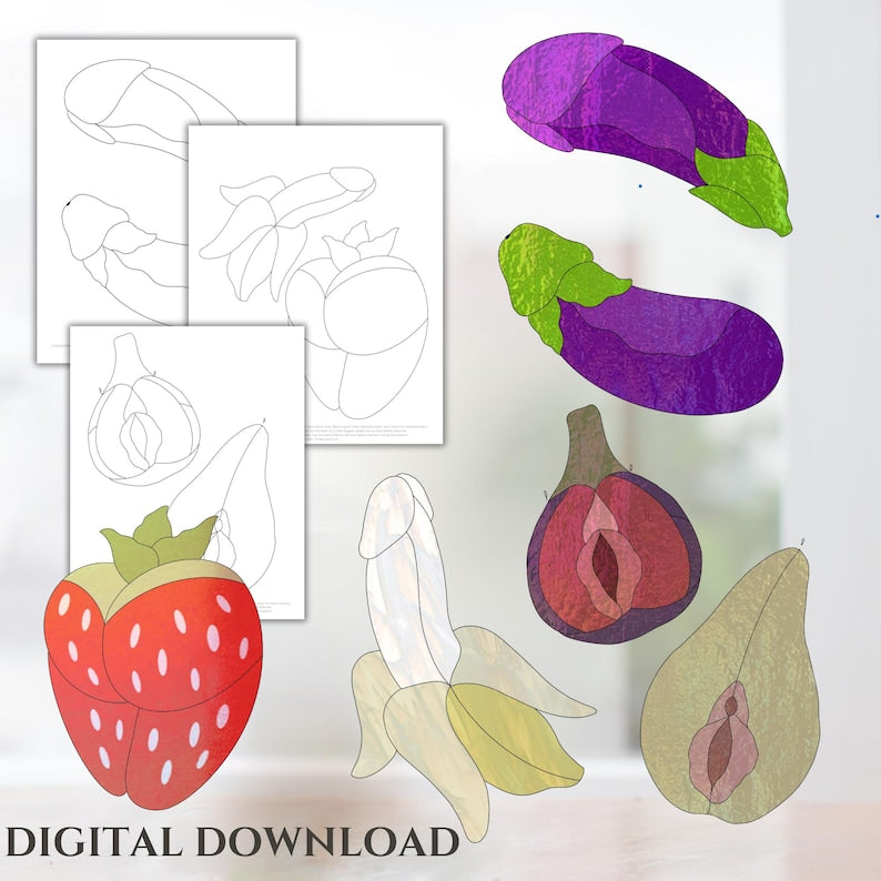 Six funny adult fruit and vegetable stained glass patterns preview