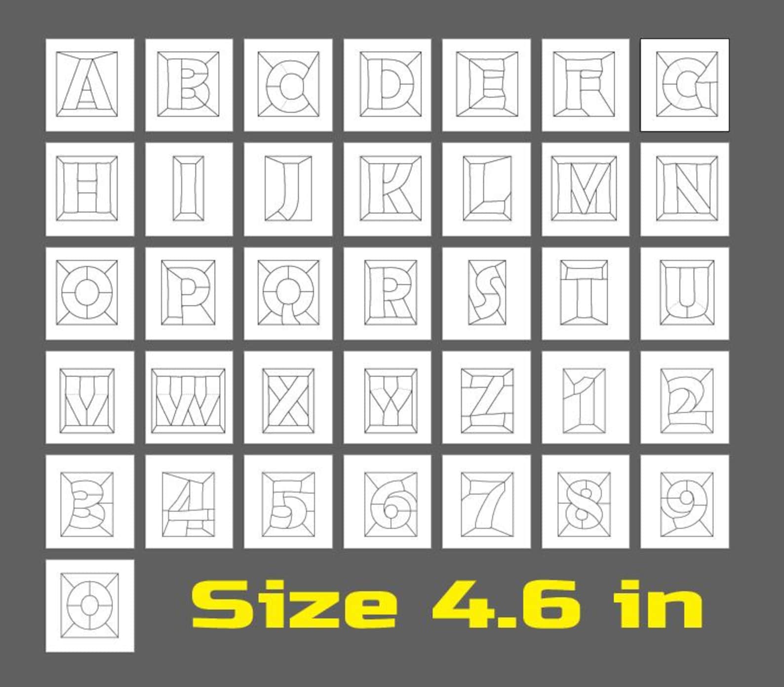Alphabet and number stained glass pattern size preview