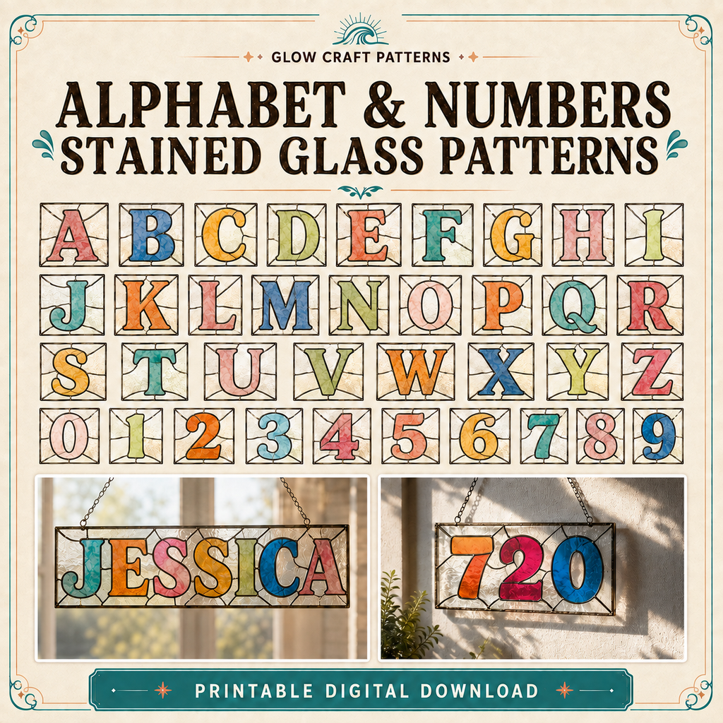 Alphabet and numbers stained glass patterns printable digital bundle by Glow Craft Patterns