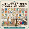 Alphabet and numbers stained glass patterns printable digital bundle by Glow Craft Patterns