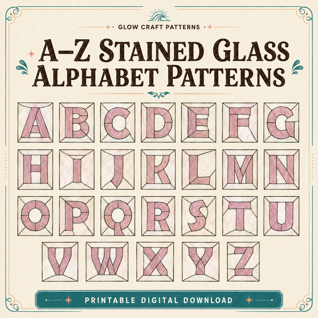 Stained glass alphabet patterns A–Z – printable digital set