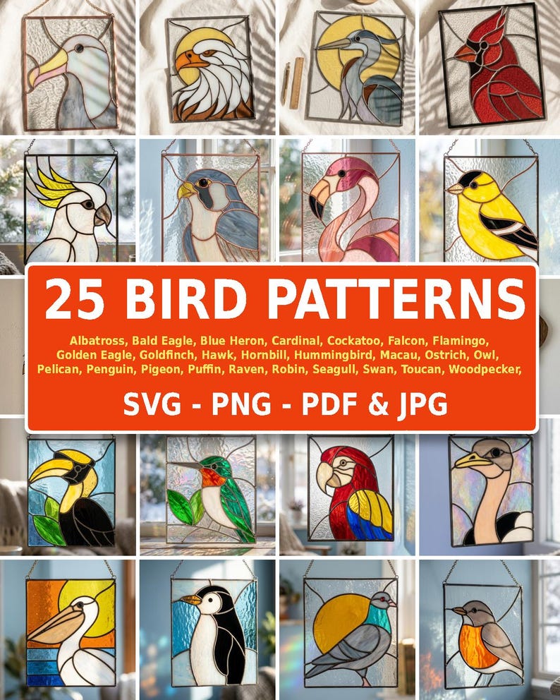 25 bird stained glass patterns bundle with printable suncatcher templates