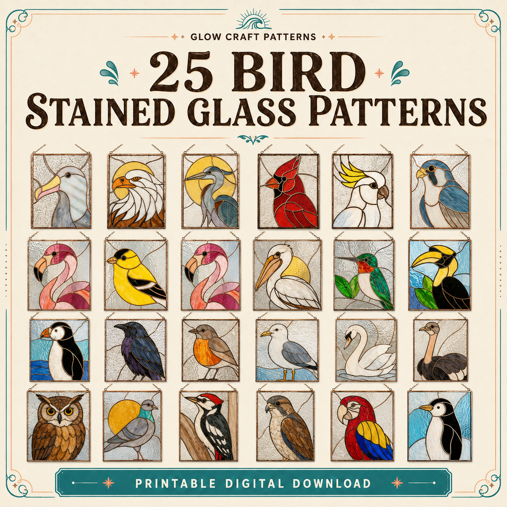 Bird stained glass patterns – 25 printable digital designs