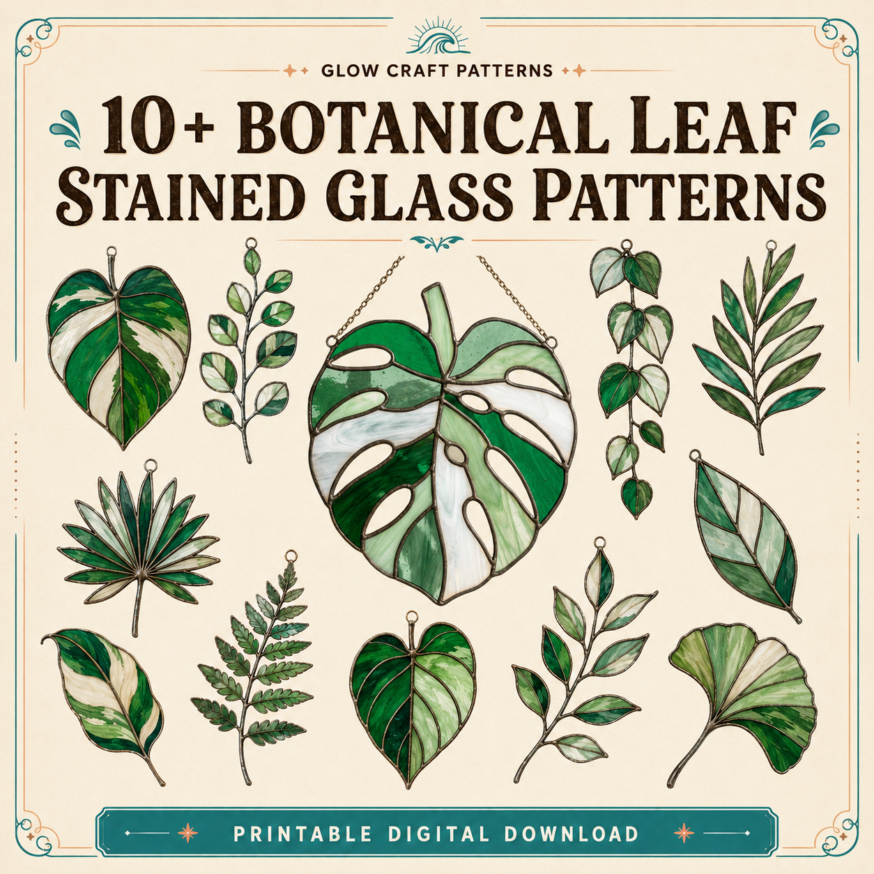 Botanical leaf stained glass patterns – 10+ printable designs