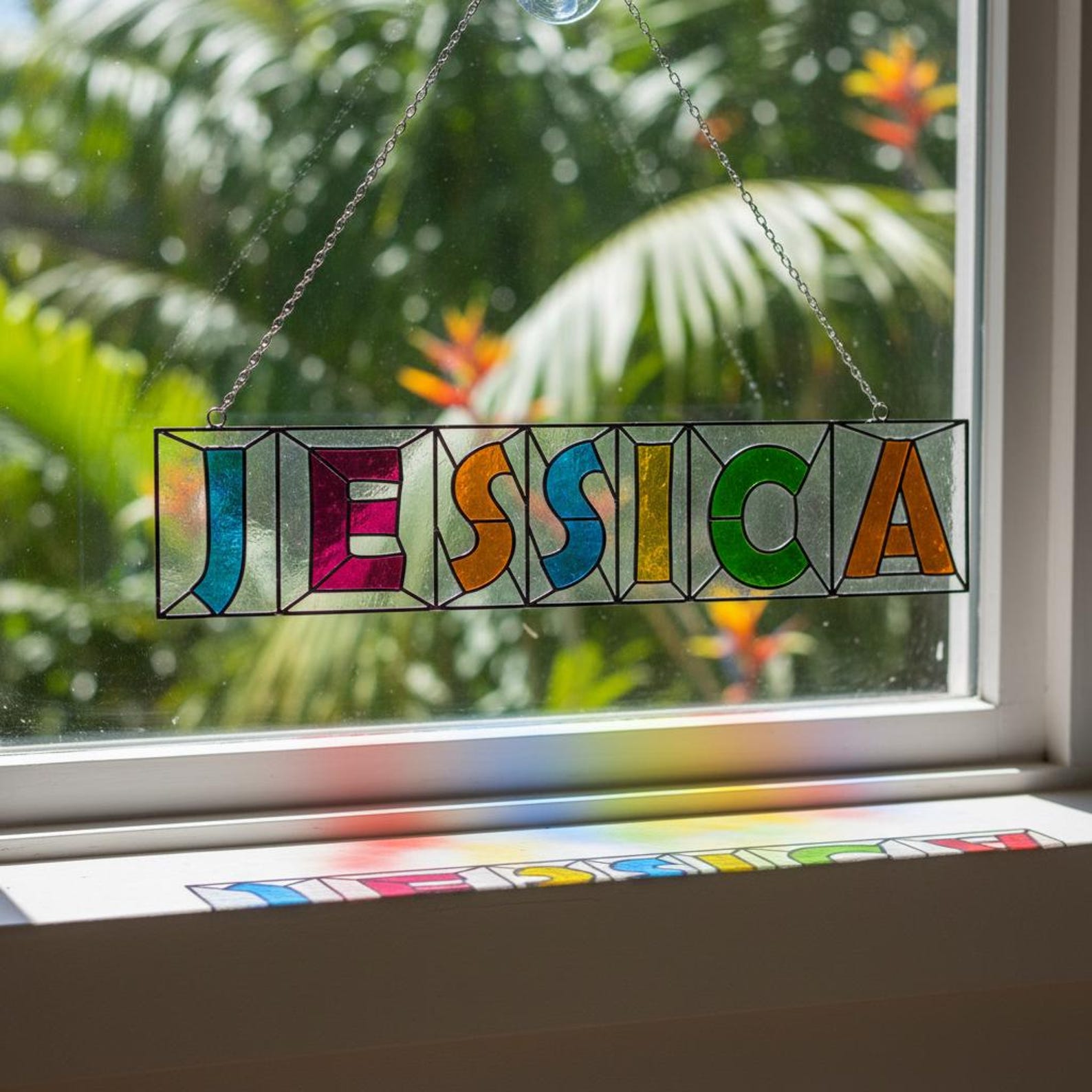 Finished custom name stained glass sign made with alphabet patterns