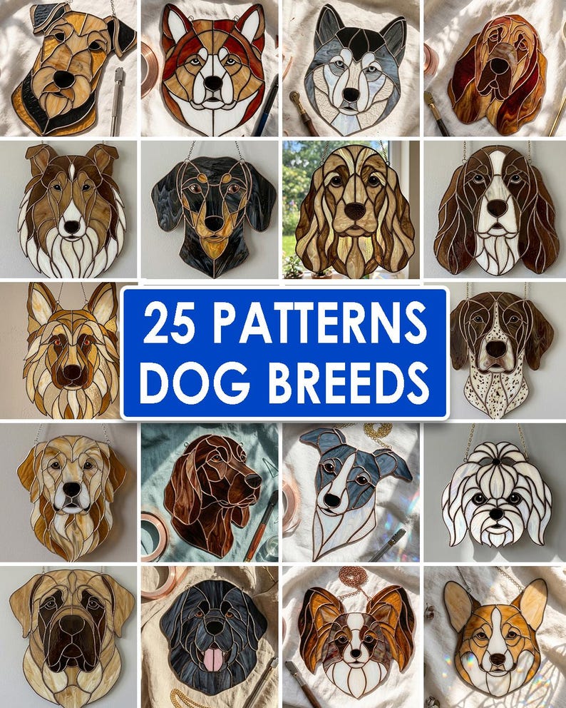 25 dog breed stained glass patterns printable suncatcher bundle