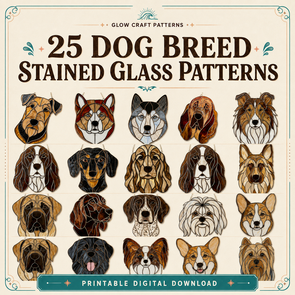 Dog breed stained glass patterns – 25 printable digital designs