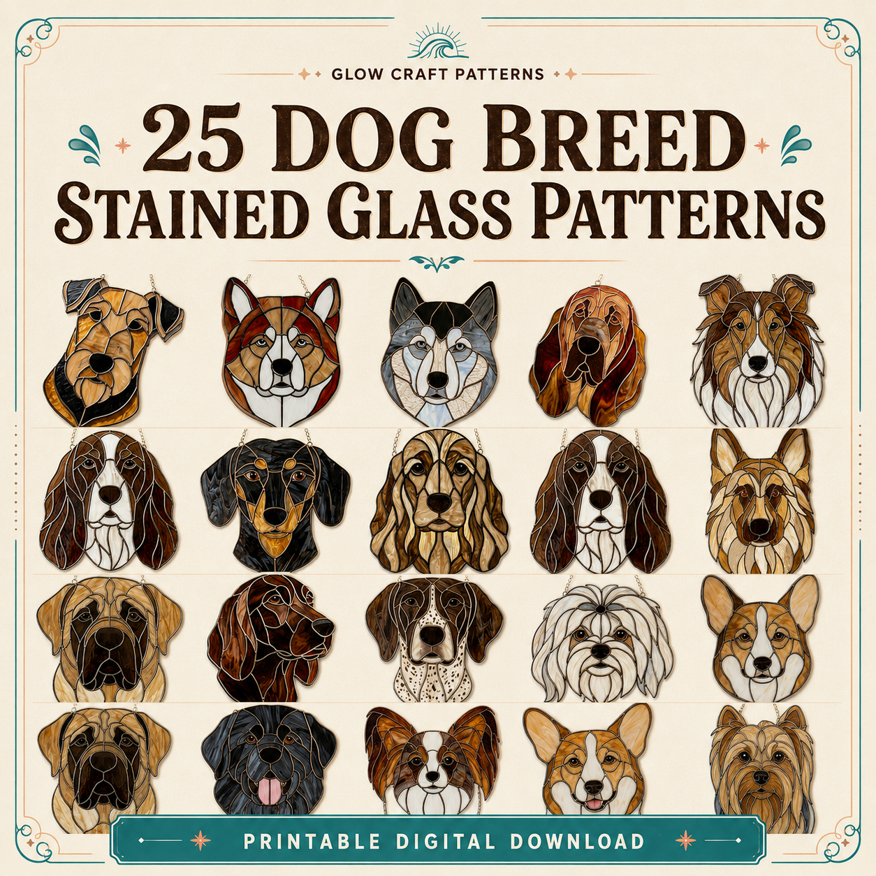 Dog breed stained glass patterns – 25 printable digital designs