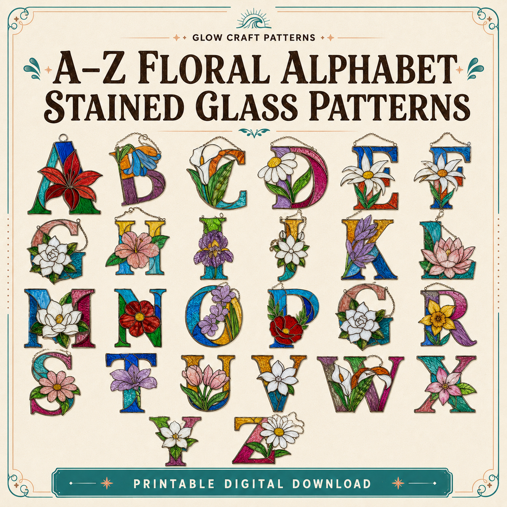 Floral alphabet stained glass patterns A–Z – 26 printable designs