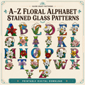 Floral alphabet stained glass patterns A–Z – 26 printable designs