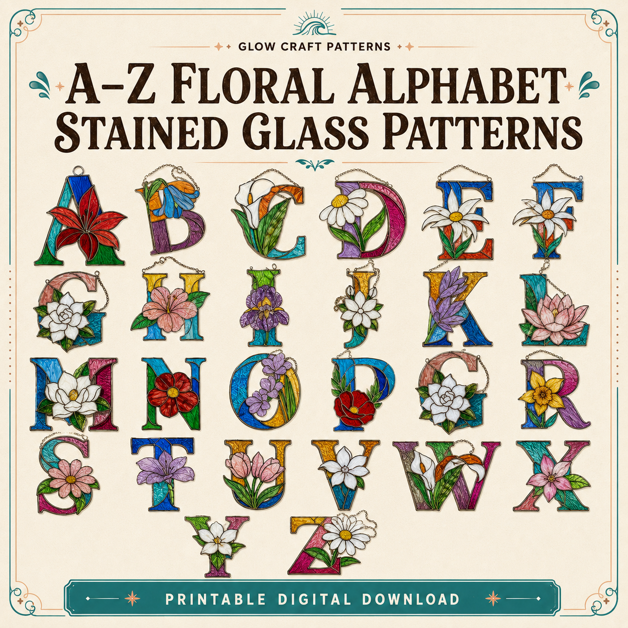 Floral alphabet stained glass patterns A–Z – 26 printable designs