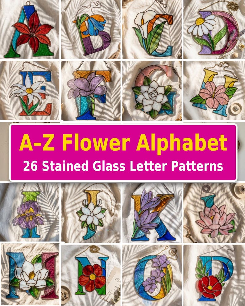 A-Z floral alphabet stained glass patterns – 26 printable letter templates