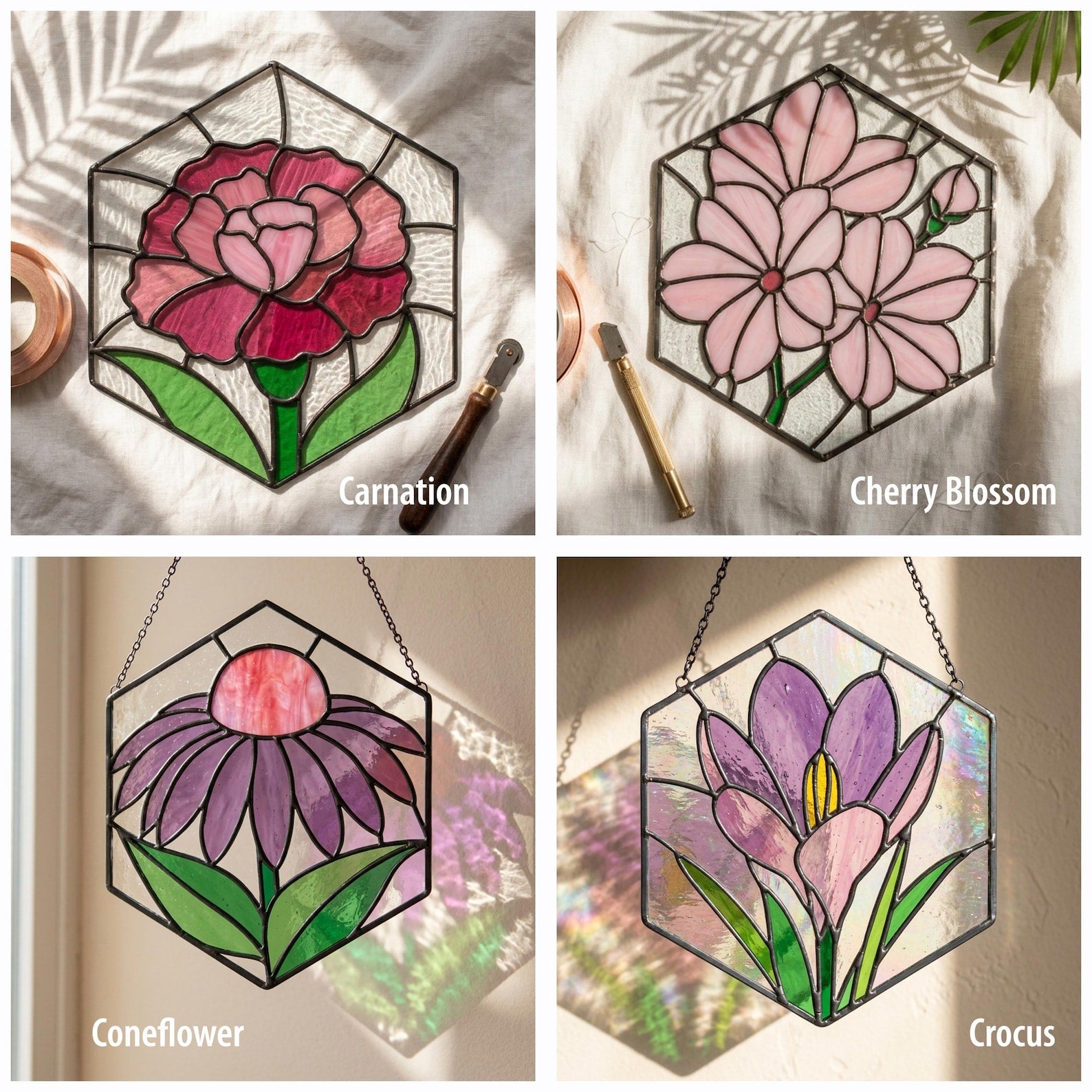 Carnation cherry blossom coneflower and crocus stained glass patterns