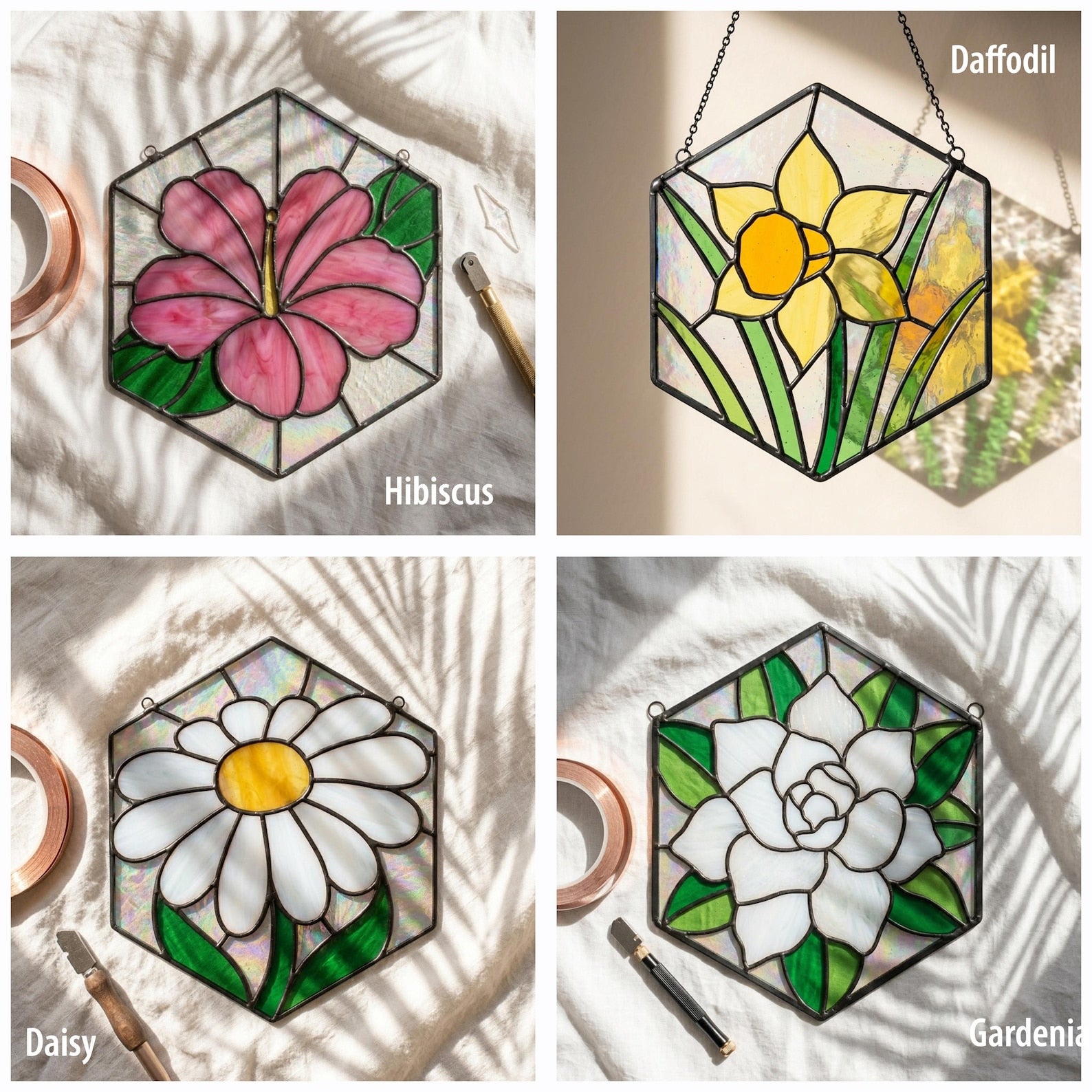 Hibiscus daffodil daisy and gardenia stained glass patterns