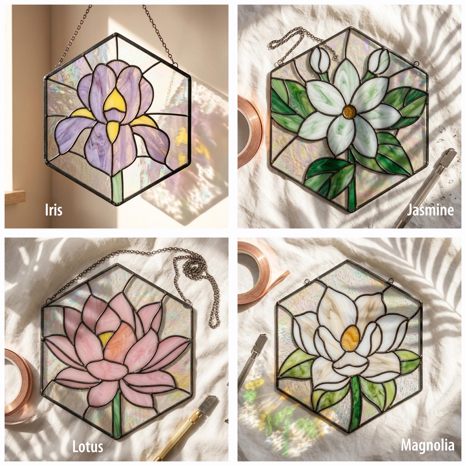 Iris jasmine lotus and magnolia stained glass patterns