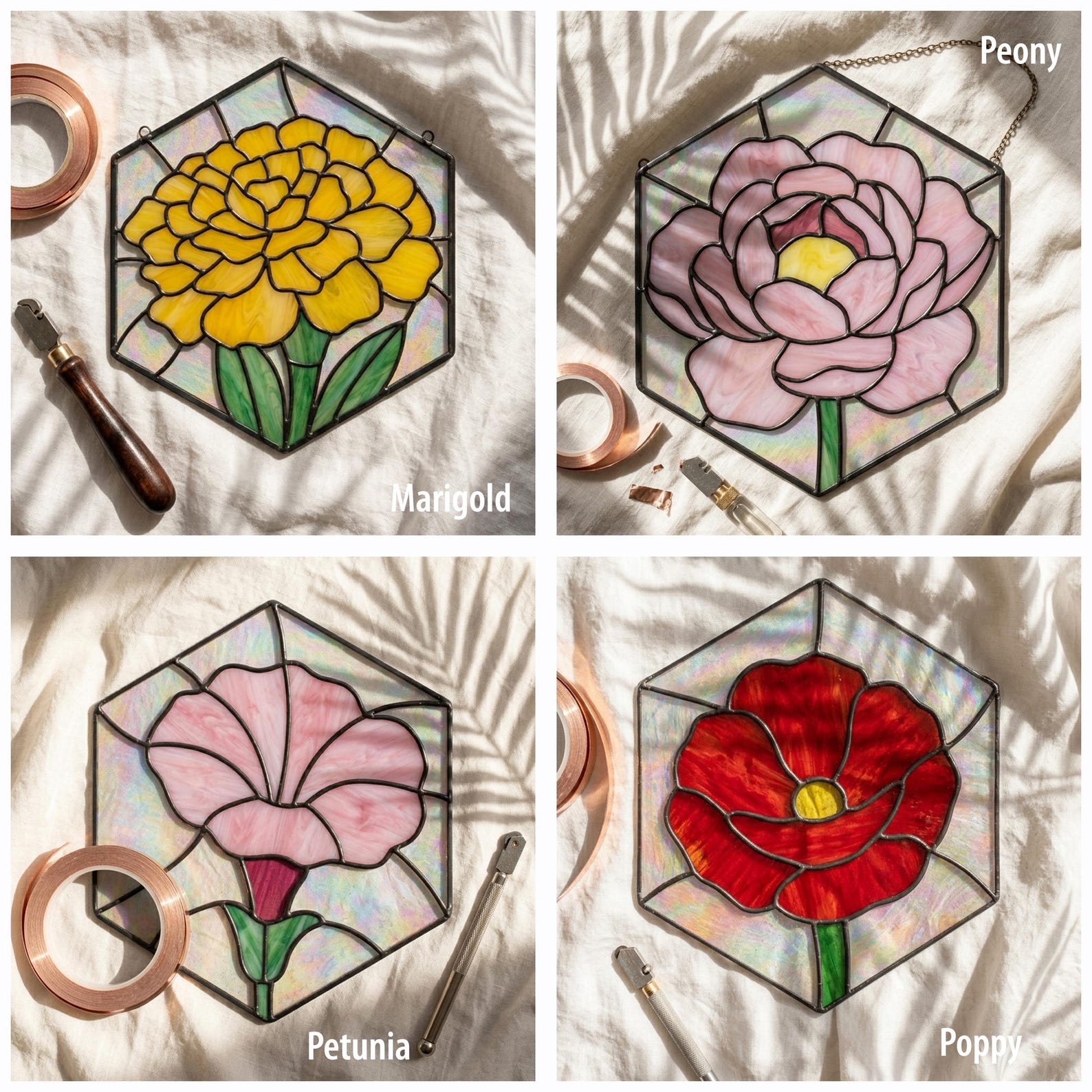 Marigold peony petunia and poppy stained glass patterns