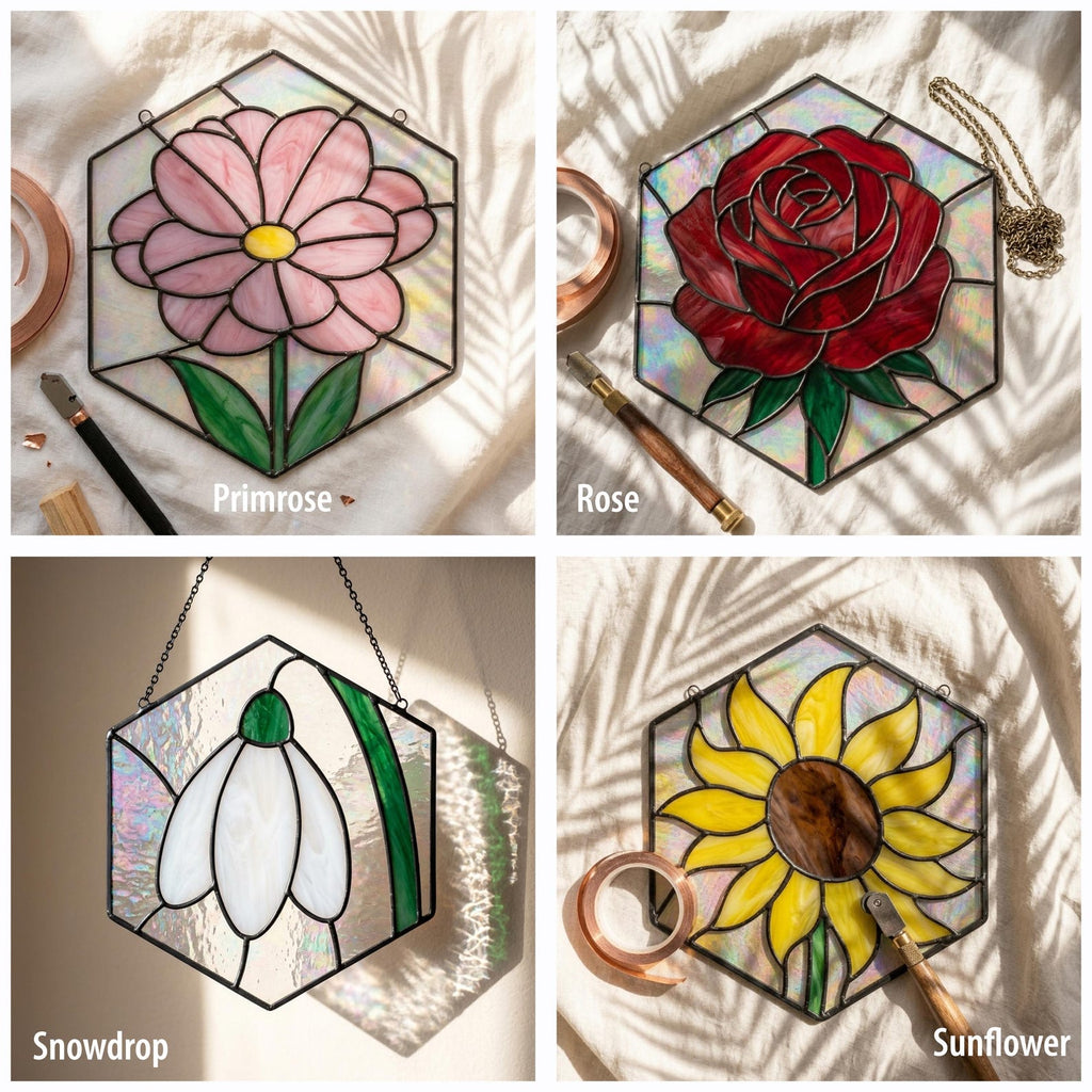 Primrose rose snowdrop and sunflower stained glass patterns
