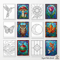 200+ stained glass patterns bundle preview – grid of printable pattern sheets with line art and color guides