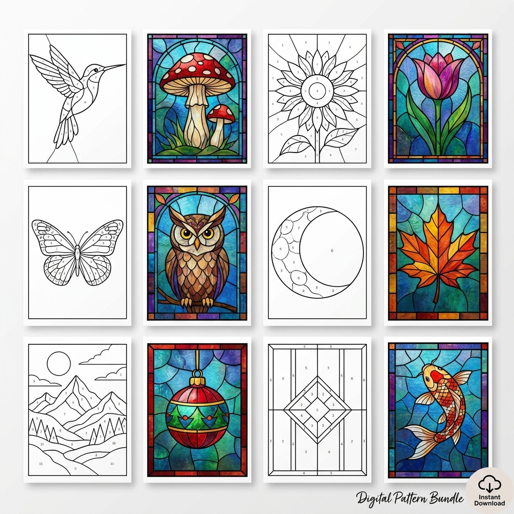 200+ stained glass patterns bundle preview – grid of printable pattern sheets with line art and color guides