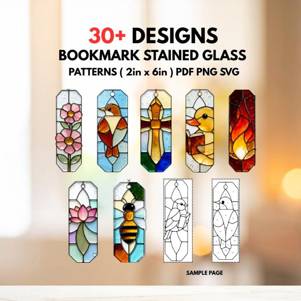 30+ stained glass bookmark pattern bundle — assorted designs including flowers, birds, duck and flames