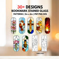 30+ stained glass bookmark pattern bundle — assorted designs including flowers, birds, duck and flames