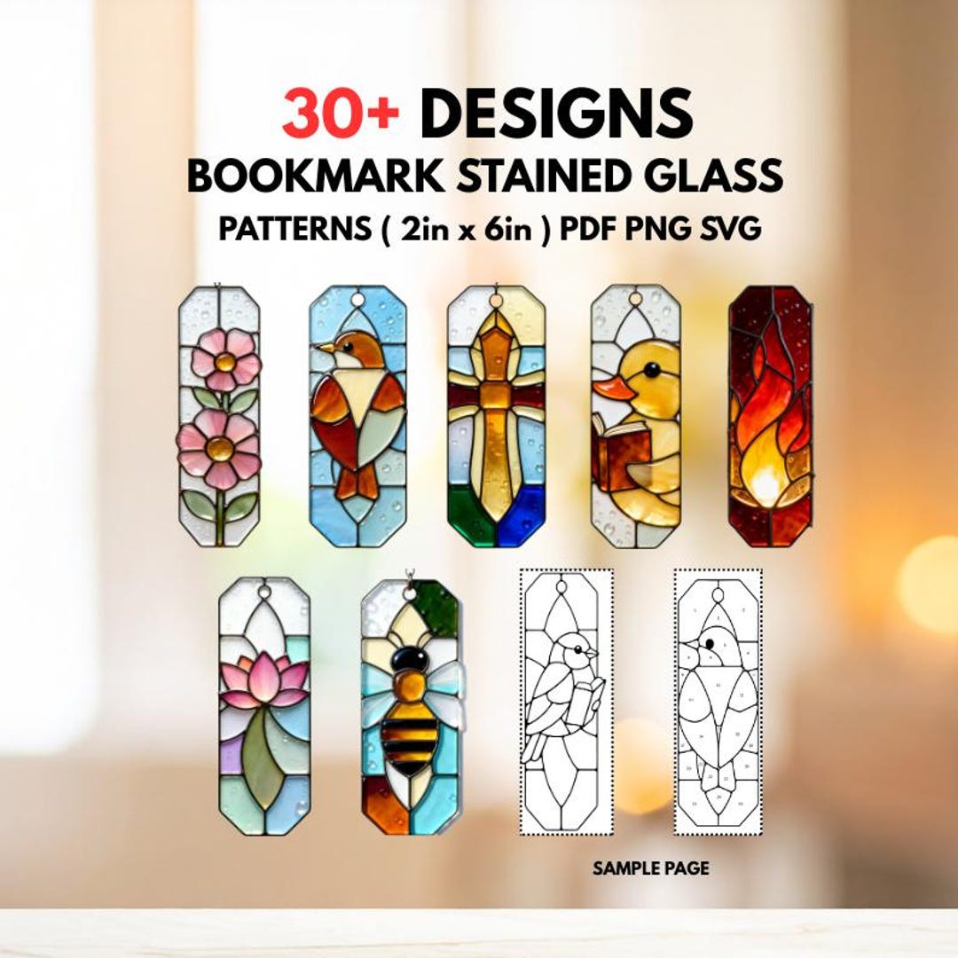 30+ stained glass bookmark pattern bundle — assorted designs including flowers, birds, duck and flames