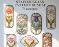Art Nouveau stained glass pattern bundle — 11 botanical floral designs