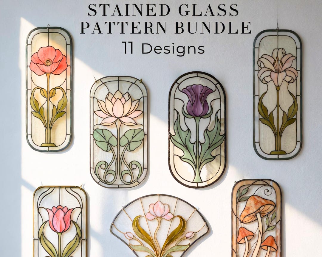 Art Nouveau stained glass pattern bundle — 11 botanical floral designs