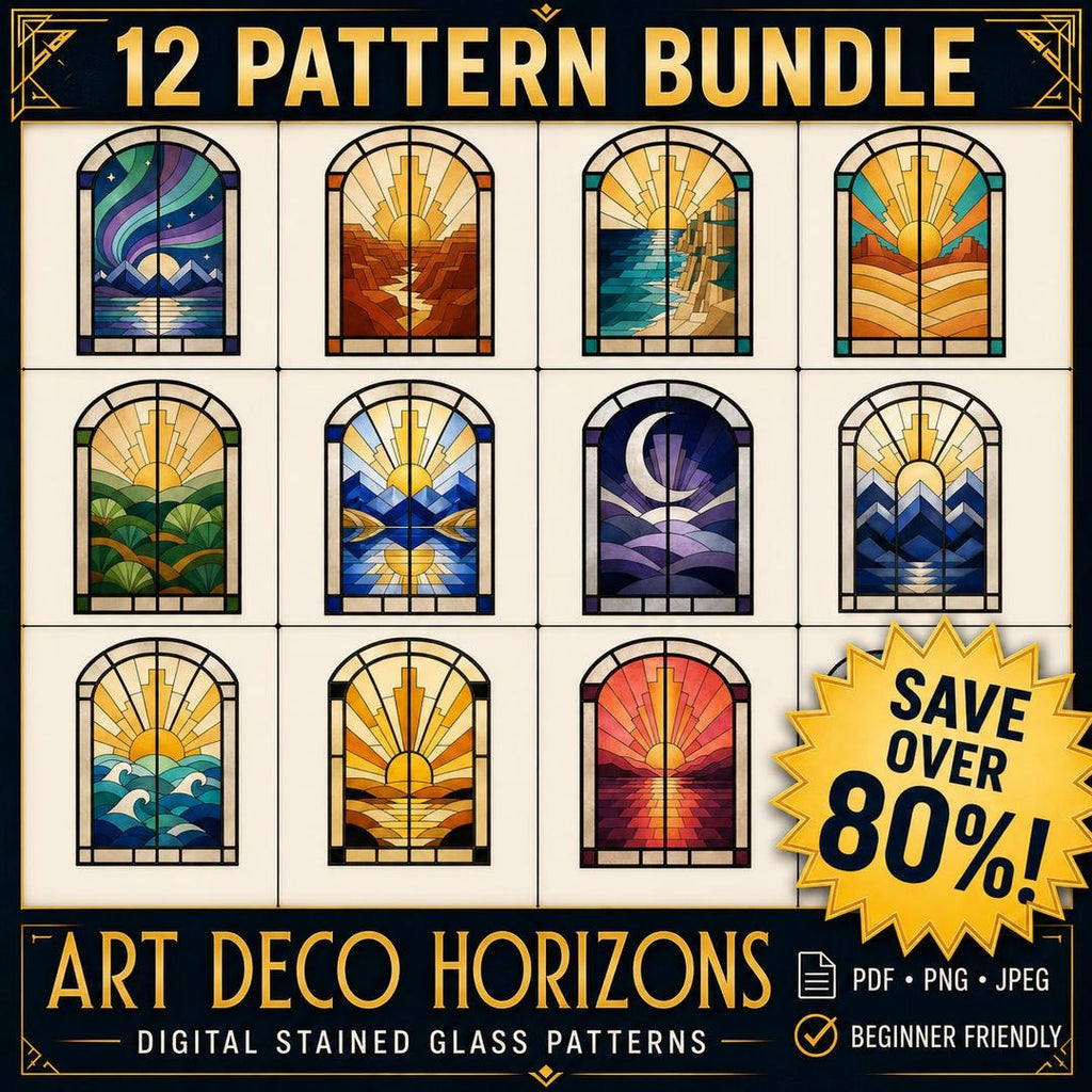 Art Deco Stained Glass Patterns Bundle — 12 arched window designs