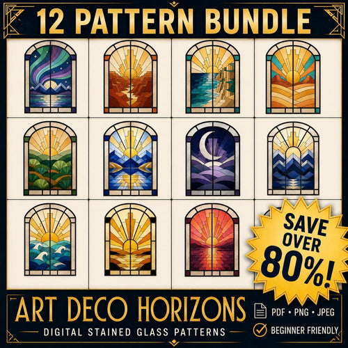 Art Deco Stained Glass Patterns Bundle — 12 arched window designs