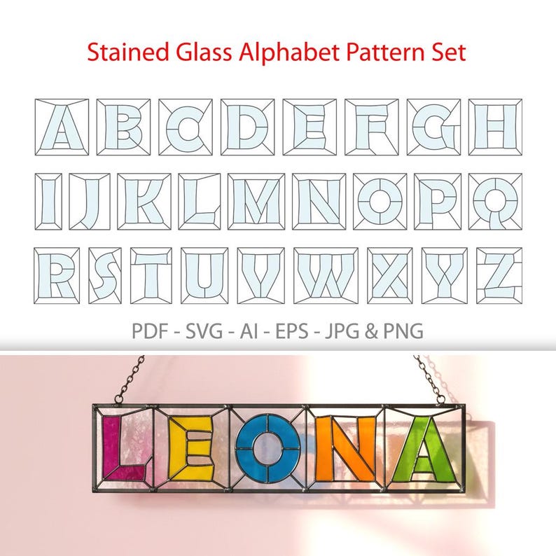 Stained glass alphabet patterns with colourful LEONA finished example