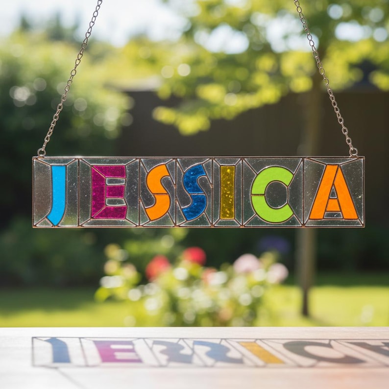 Colourful JESSICA stained glass name sign finished example