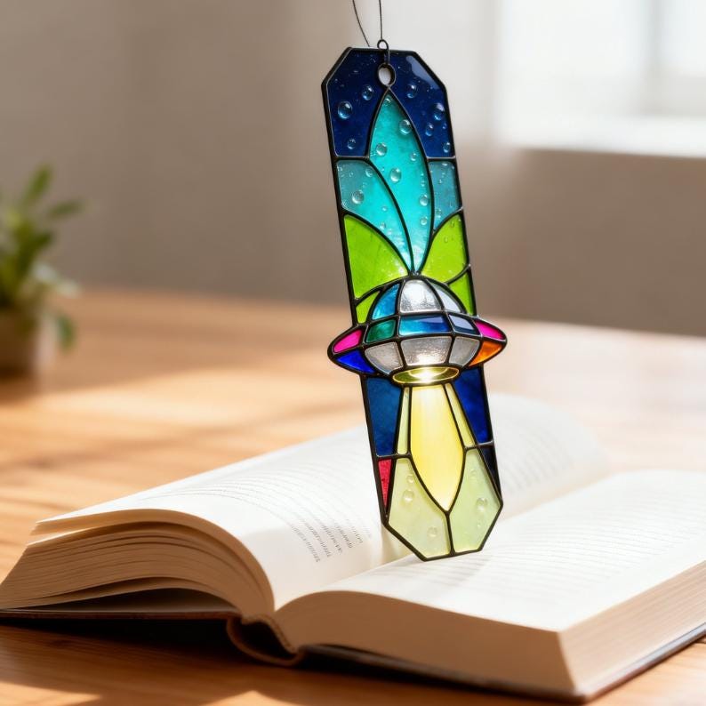Stained glass UFO bookmark pattern over open book