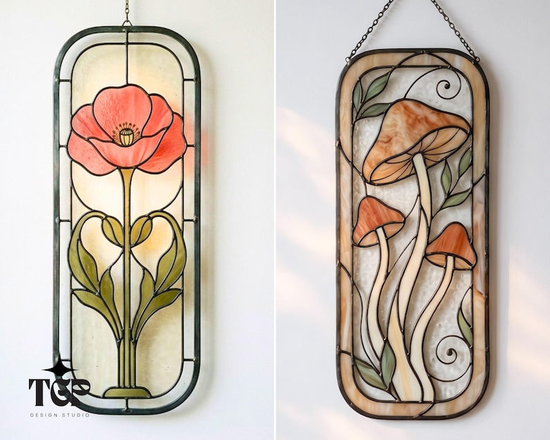 Poppy and mushroom stained glass panels hanging on wall