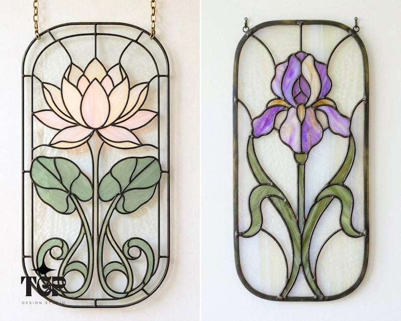 Lotus and iris stained glass panels with black metal frames