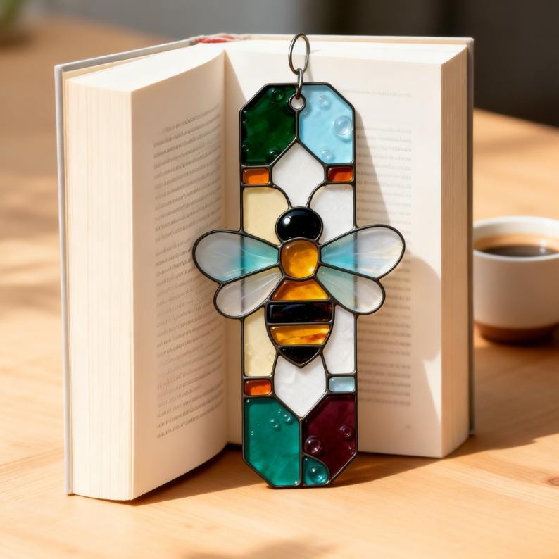 Stained glass bee bookmark pattern on open book