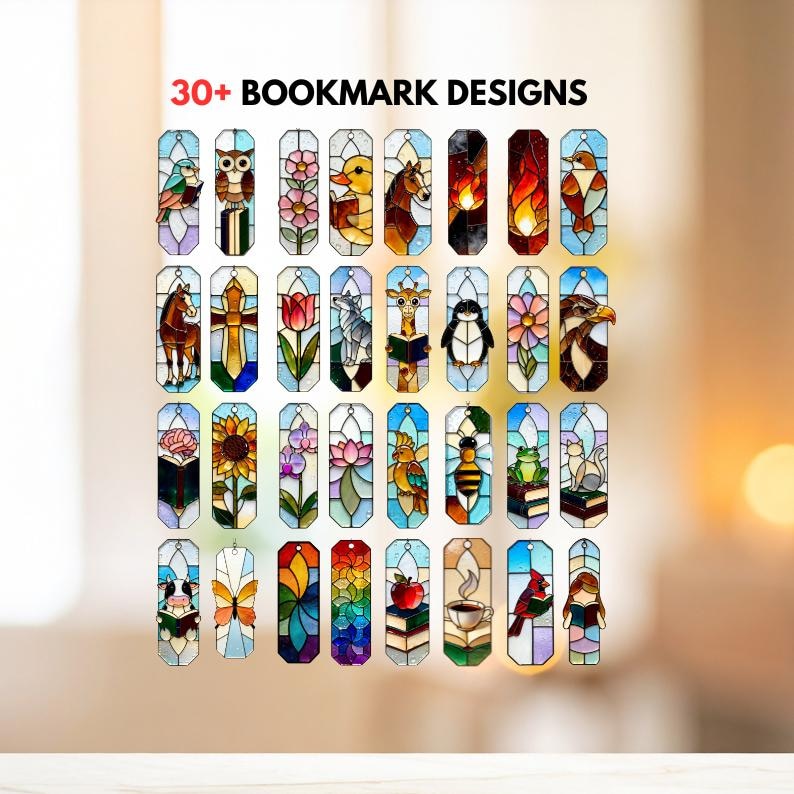 Full preview of 30+ stained glass bookmark designs in colour