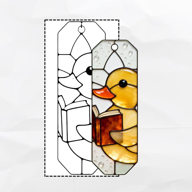 Stained glass duck reading a book bookmark pattern
