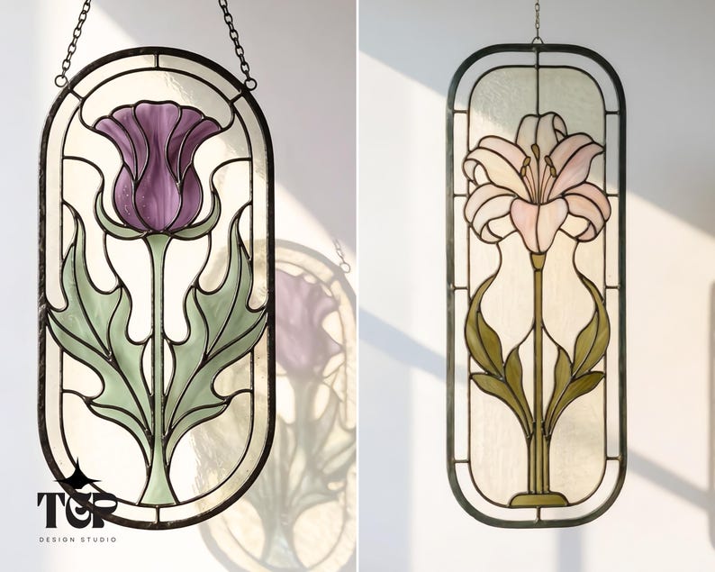 Thistle and lily stained glass panels with black metal frames