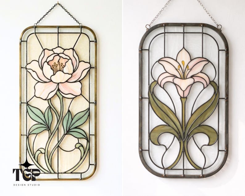 Peony and lily stained glass panels side by side