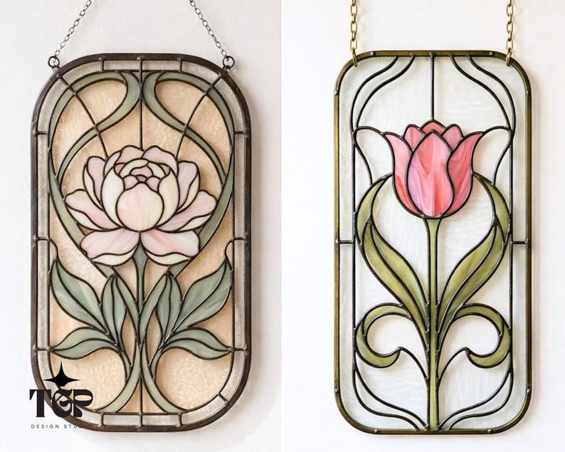 Peony and tulip stained glass panels with hanging chains