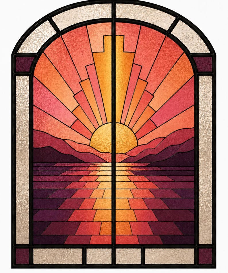 Art Deco stained glass sunrise over mountains and water