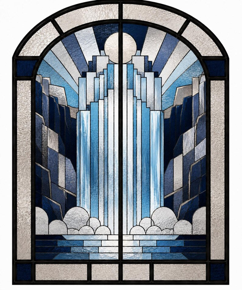 Art Deco stained glass waterfall in blue and white glass