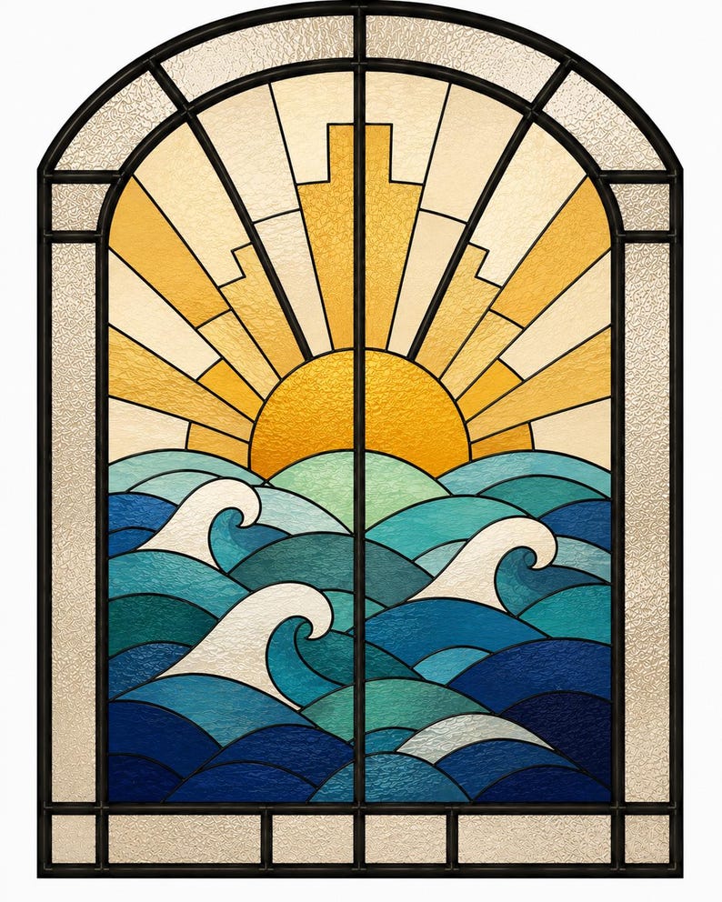 Art Deco stained glass ocean sunrise with stylised waves