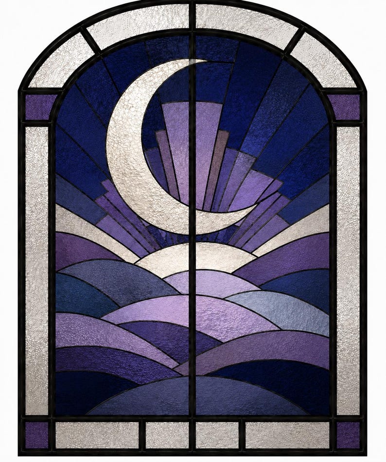 Art Deco stained glass crescent moon over purple hills