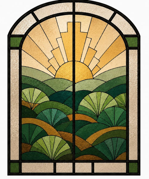 Art Deco stained glass sunrise over rolling hills — arched panel