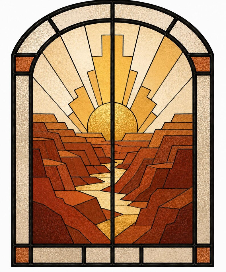 Art Deco stained glass canyon landscape with golden sun